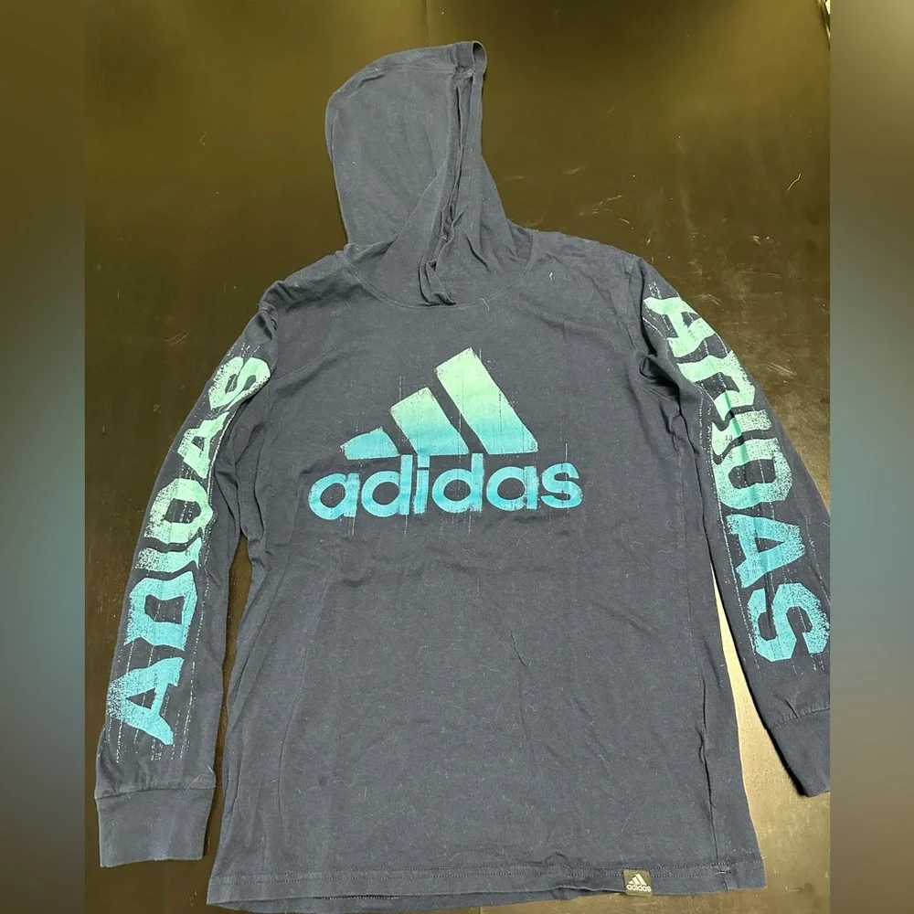 Boy’s Adidas Dark Blue Hoodie T-Shirt with Light Blue Logo | Size M 10/12